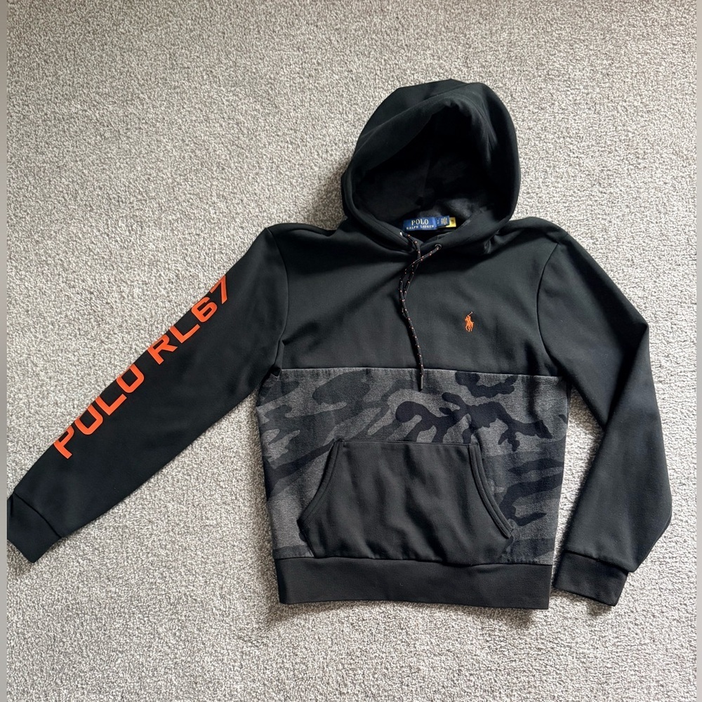 Ralph Lauren Black Hoodie with Orange Polo 67 Logo Camo